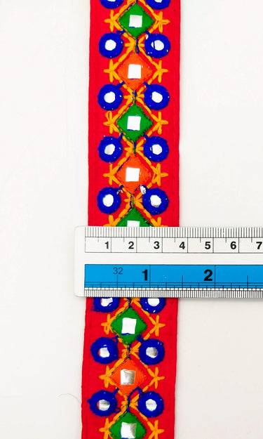 Red Multicoloured Indian Mirror Trim Kutch Embroidered Navratri Garba Dress Trim Bridal Lace, Indian Sari Border 36 mm Wide Trim Per Yard